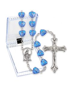 Sapphire Etched Heart Shaped Bead Rosary, Boxed