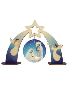 Wooden Christmas Ornamental Display with Round Holy Family Ornament
