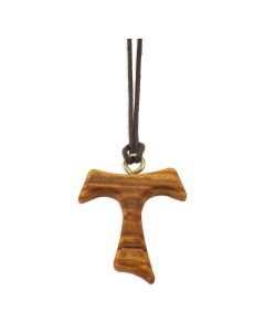 1 3/8" Olive Wood Tau Cross on a 30" Brown Cord