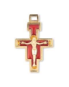 2" San Damiano Gold Finished Red Epoxied Cross