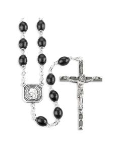 7 x 9mm Black Boxwood Bead Rosary with Christ Madonna Center and Crucifix