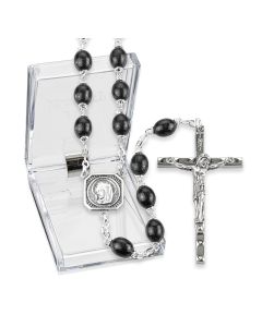 7 x 9mm Black Boxwood Bead Rosary with Christ Madonna Center and Crucifix, Boxed