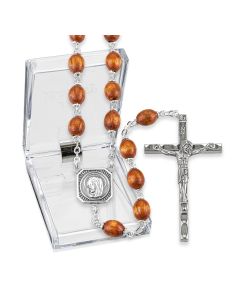 7 x 9mm Brown Boxwood Bead Rosary with Christ Madonna Center and Crucifix, Boxed