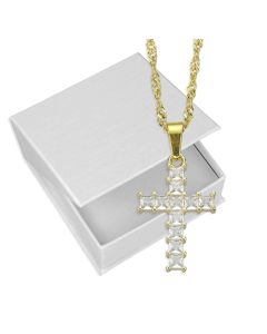 16" with 2" extender Gold Tone Necklace with 1" Jeweled Cross Pendant in Box (1" Includes Bale)