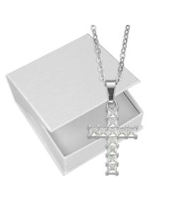 16" with 2" extender Silver Tone Necklace with 1" Jeweled Cross Pendant in Box (1" Includes Bale)