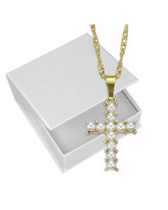16" with 2" extender Gold Tone Necklace Pearls and Cross 1" Pendant in Box (1" Includes Bale)