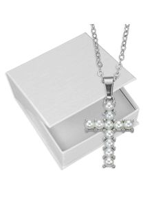 16" with 2" extender Silver Tone Necklace Pearls and Cross 1" Pendant in Box (1" Includes Bale)