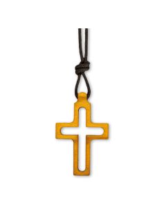1" Olive Wood Outline Cross on a Brown Cord