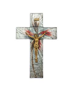 10" Shimmering Silver Glass Cross with Museum Gold Tone Corpus-P65