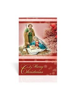 Holy Family with Manger and Frosted Evergreen Berries Christmas Greeting Cards