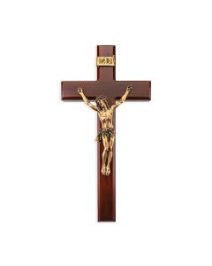 12" Dark Cherry Wood Crucifix with Museum Gold Finish Corpus