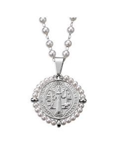 Saint Benedict Double Sided Medal on a 24" Faux Pearl Chain
