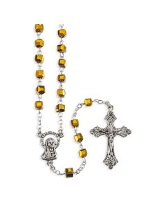 5mm Gold Cube Glass Bead Rosary in a Plastic Hinged Box 