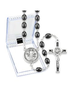 Benedictine Black Wood Bead Rosary, Boxed