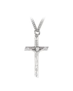 1 5/8" Silver Oxidized Log Style Crucifix on 24" Stainless Steel Chain, Boxed