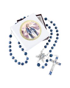 6mm Blue Wood Bead Rosary with Blue Epoxied Miraculous Medal Center and Crucifix, Boxed