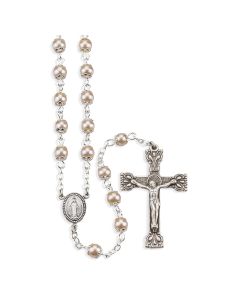 5mm Capped Imitation Pearl Glass Bead Rosary with Deluxe Crucifix and Center. Comes in a Grey Velvet Box. 17"