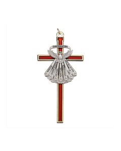 4.5" Gold Tone Pearlized Red Epoxied Cross with Holy Spirit Figure in Pewter Finish (Boxed)