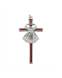 4.5" Silver Tone Red Epoxied Cross with Holy Spirit Figure in Pewter Finish with ring (Boxed)