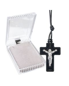 1 1/2" Black Olive Wood Crucifix on a 27" Cord, Boxed