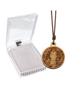 1" St. Benedict Olive Wood Laser Cut Medal on a 27" Cord, Boxed