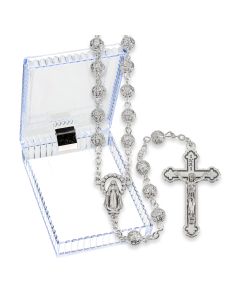 Silver Finished Filigree Bead Rosary, Boxed