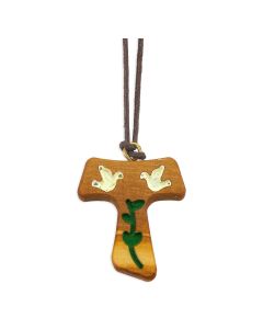 1 1/2" Olive Wood Franciscan Tau Cross with Painted Doves and Olive Branch on a Brown Cord