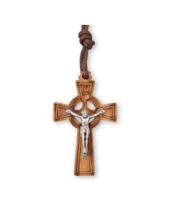 Olive Wood Celtic Crucifix with Antiqued Silver Metal Corpus on a Brown Cord, Boxed
