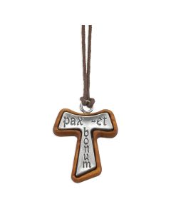 1" Olive Wood Tau Cross on a Brown Cord