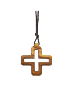 1" Olive Wood Open Cross on a Brown Cord