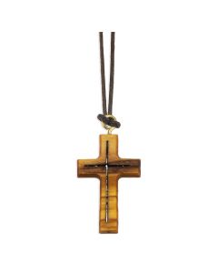 1" Olive Wood Outline Cross on a Brown Cord