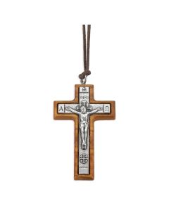 1 7/8" Olive Wood Jerusalem Crucifix on a Brown Cord