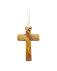 3" Olive Wood Peace Cross with Olive Branch and Grapes on a White Cord