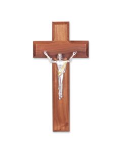 8" Walnut Cross with Silver Finish Risen Christ Corpus with Gold Highlights