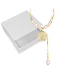 Gold Tone Necklace with 3mm Genuine Pearls and Cross Rhinestone Pendant