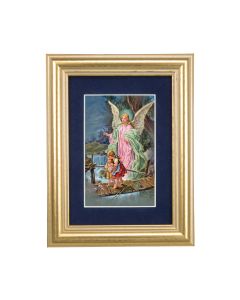 5 1/4" x 6 3/4" Gold Leaf Frame-Navy Blue Matte with a 2 1/2" x 3 3/4" Guardian Angel Print