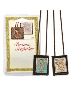 1 3/4" x 2" Our Lady of Guadalupe Bust Brown Wool Scapular in Deluxe Packaging