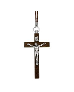3 1/4" Italian Brown Wood Crucifix with Silver Oxidized Corpus on a 30" Brown Cord