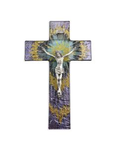 10" Purple and Gold Burst Glass Cross with Fine Pewter Corpus-P65