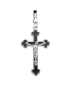 2" Silver Oxidized Clover Leaf Crucifix with Black Inlay on a 30" Black Cord
