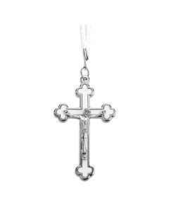2" Silver Oxidized Clover Leaf Crucifix with White Inlay on a 30" White Cord