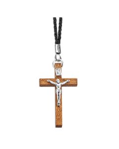 1 1/2" Italian Brown Wood Cross with a Silver Oxidized Corpus