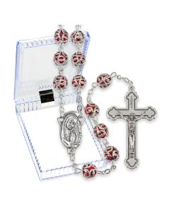 Filigree Capped Ruby Bead Rosary, Boxed