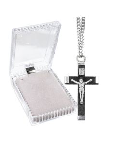 2" Black Wood Metal Bound Crucifix on a 24" stainless steel chain, Boxed
