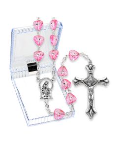 Pink Etched Heart Shaped Bead Rosary, Boxed