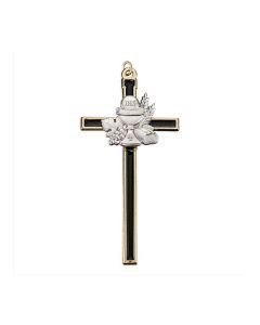 4.5" Gold Tone Black Epoxied Cross with Communion Chalice Figure in Pewter Finish with ring (Boxed)
