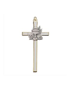 4.5" Gold Tone Pearlized White Epoxied Cross with Communion Chalice Figure in Pewter Finish with Ring (Boxed)
