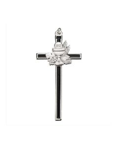 4.5" Silver Tone Black Epoxied Cross with Communion Chalice Figure in Pewter Finish with ring (Boxed)