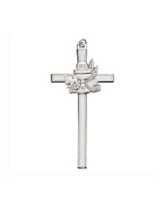 4.5" Silver Tone White Epoxied Cross with Communion Chalice Figure in Pewter Finish with ring (Boxed)