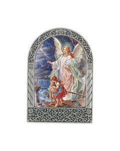 Antique Silver Metal Arched Easel with Gold Embossed Guardian Angel Print